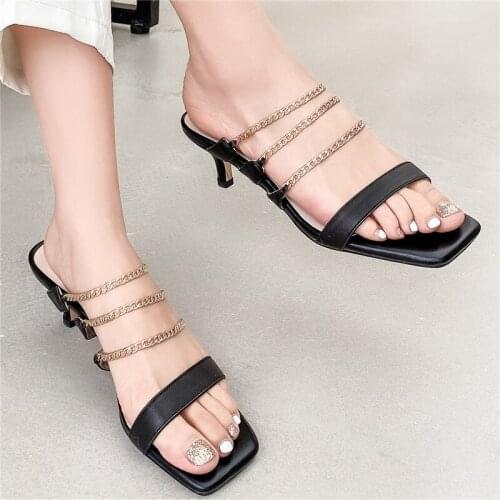 Women Summer Fashion Cow Leather All Match Sandals Low Heels Casual Shoes Metal Chains Decoration Handmade Genuine Leather Shoes