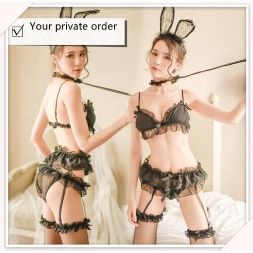Sexy Chiffon Princess Lace Trim Garter Belt G-String Bra Bikini Deep V Cosplay Erotic Lingerie Lovely Girls SM Underwear Set