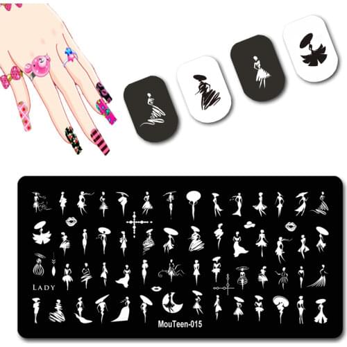 Art Girl Nail Stamping Plates Delicate Woman Black Hat Nail Art Printing Tools Black Hat Slim Lady Nail Art Stampping #015