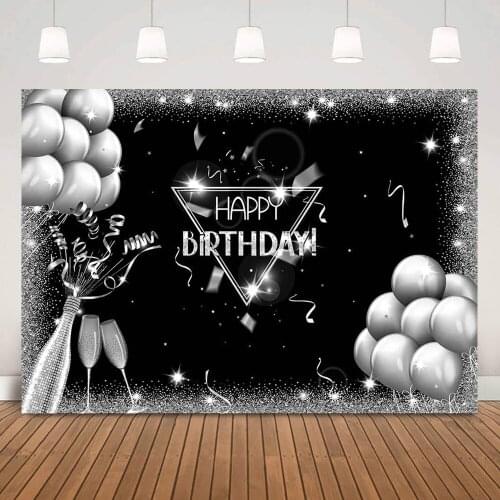 Balloons Happy Birthday Photo Backdrop Adult Children Birthday Party Selfie Background Glitter Ribbon Champagne Black Photocall