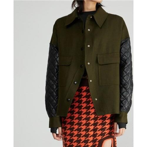 Women Wool Winter Jacket Leather Patchwork Cotton Padded Colorblock Casual Coat
