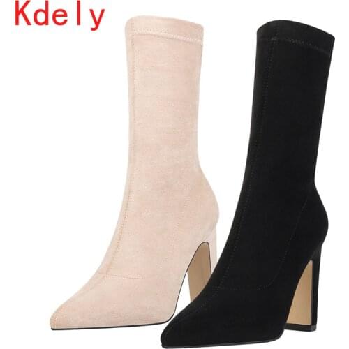 2020 Winter Fashion Women Boots Beige Pointed Toe Elastic Ankle Boots Heels Shoes Autumn Winter Female Socks Boots