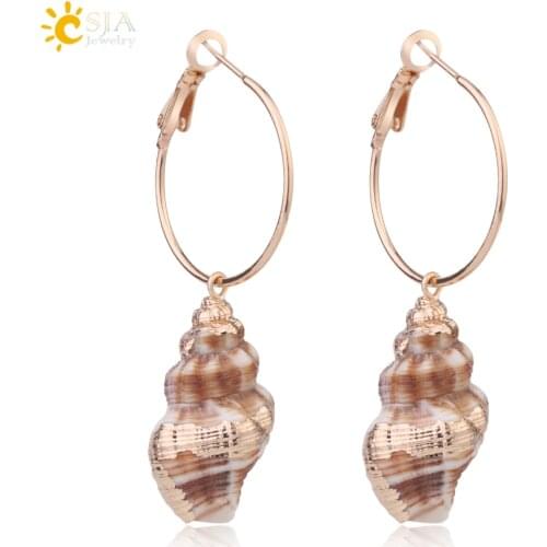 CSJA Boho Natural Conch Shell Small Hoop Earrings Seashell Gold Color Fashion Sea Beach Casual Ear Jewelry for Women Girls G018