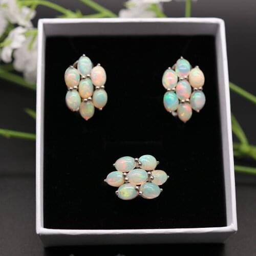 925 sterling silver Natural Ethiopia Opal Jewelry set oval 5*7 real gemstone clasp earring ring for women wife mom best gift