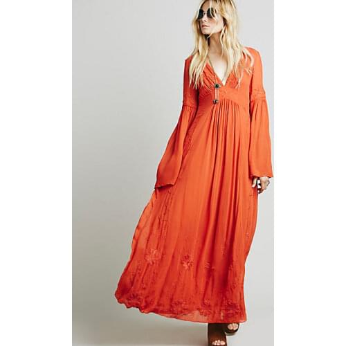UK 2018 Summer Women oversized Flare sleeve Ethnic Embroidery Loose Bohemian dress Hippie Boho People long dress Robe longue