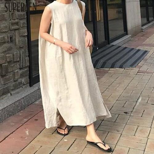 SuperAen 2021 Summer New Sleeveless Dress Women Solid Color Cotton and Linen Ladies Dress Pluz Size Women Clothing