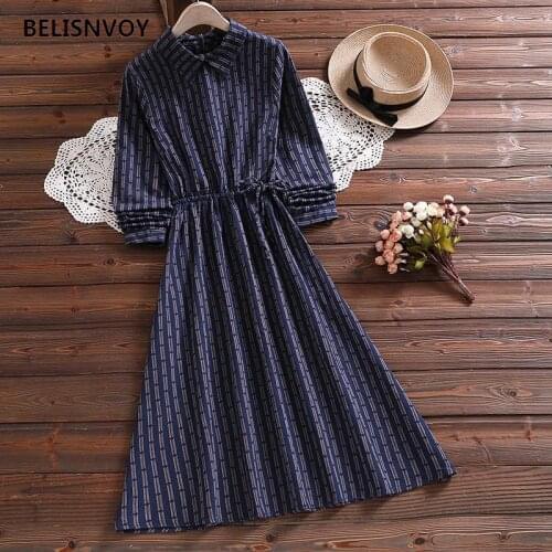 Mori Girl Autumn Spring Women Dress Korean Chic Blue Striped Vintage Long Sleeve Elegant Long Ladies Sweet Vestidos Longo Femme