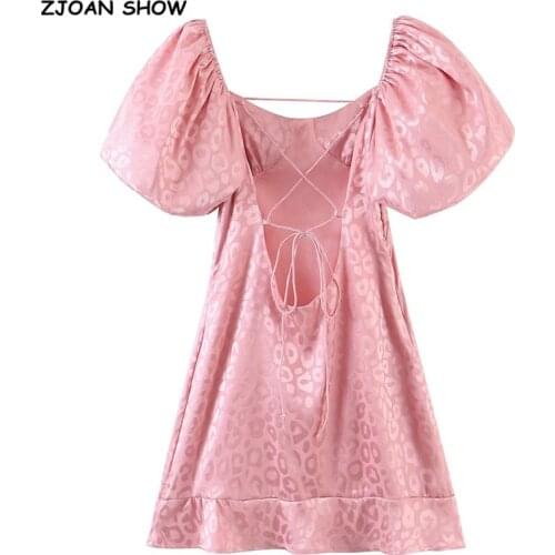 Retro Women Jacquard Leopard Pink Satin Mini Dress Sexy Elastic Short Lantern sleeve Cross Lacing up Back Backless Party Dresses