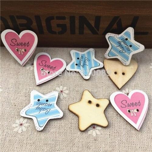 100pcs 30mm Pink Blue Mixed Wood Buttons Baby Heart Star Sewing Fancy Button Wooden Crafts Embellishment For Scrapbooking