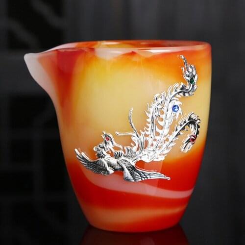 250ml Agate Fair Cup Handmade Jade Porcelain Cups Silver Phoenix Decor Chahai Mug Beautiful Teacup Crafts Teaware Accessories