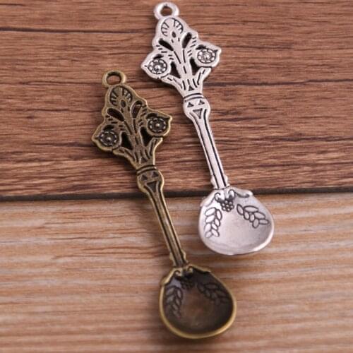 6PCS 16*63mm Two Colors Trendy Flowers Vintage Spoon Tableware Pendants Charms For Jewelry Making Charm P6496