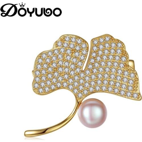 DOYUBO Brand Luxury Womens 925 Sterling Silver Ginkgo Leaf Brooch Fashion Freshewater Pearl Lady Brooch Jewelry For Party VH007