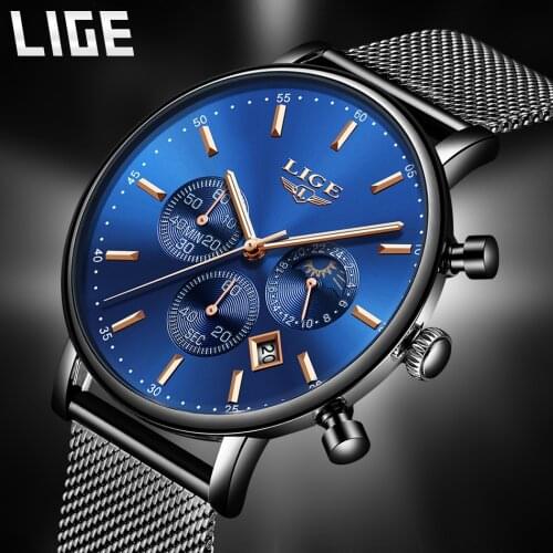 LIGE New 9894 Fashion Blue Mesh Band Creative Men Wristwatch Casual Women Dress Slim Clock Couple Simple Gift Watch