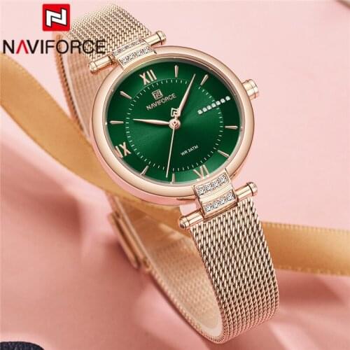 NAVIFORCE Top Luxury Brand Women Watch Green Quartz Lady Waterproof Wristwatch Rose Gold Stainless Steel Female Clock Gift 5019