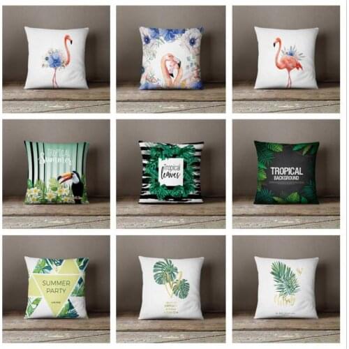 Pink Decoration Flamingo Cushion Cover Summer Tropical Plant Green Leaves Monstera Garland Flower Pillow Case For Office Chair