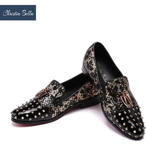 Christia Bella Genuine Leather Men Flats Casual Shoes Punk Style Rivter Loafers Shoes with Metal Shark Tooth Boat Shoes Sapatos