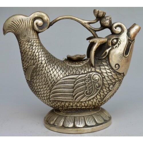 Home Decorated Collectible Chinese Miao Silver Carved Dragon Fish TeaPot metal crafts