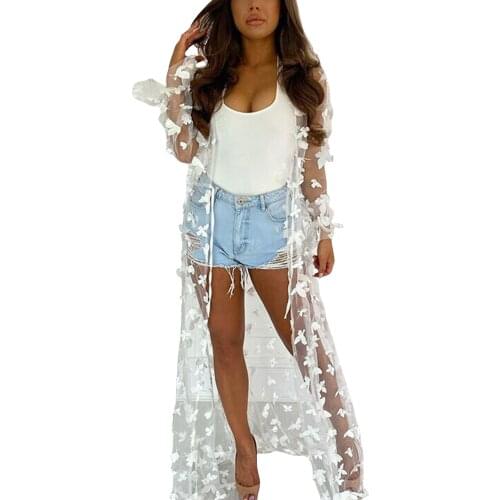 Hot Fashion Womens Long Swimsuit Cover Up Sexy Open Front 3D Butterfly Flowy Kimono Cardigan