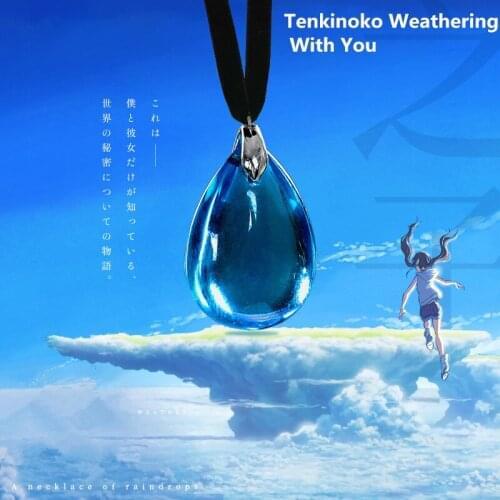 Hot Anime Tenkinoko Amano Hina Cosplay Raindrops Necklace Sky Blue Water-Drop Crystal Glass Metal Jewelry Pendant Necklace