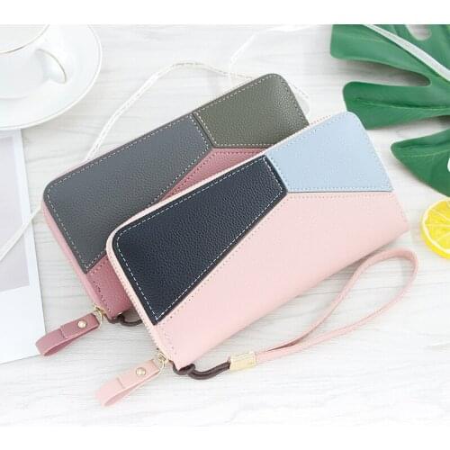 Women Long Wallets Patchwork Zipper Card Holder Handbag Clutch Bag With Belt PU Leather Coin Change Phone Pocket Ladies Purse