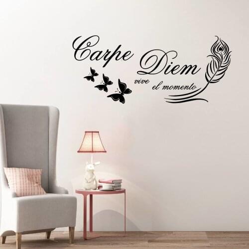 Carpe Diem Live In The Moment Wall Sticker Spanish Quote Wall Decals Feather Butterfly Decoration Wall Art Murals Home Decor