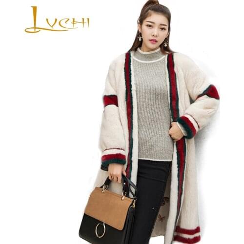 LVCHI Winter2017 Striped Mink Fur Coats Open Stitch Womens V-Neck Long Sleeve Causal Slim Loss Full Pelt Natural Fur Mink Coats