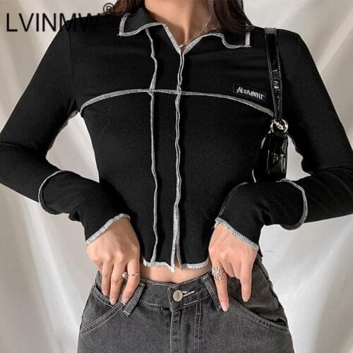 LVINMW Turn-down Collar Patchwork Retro Fashion Casual T Shirts Letter Labeling Navel Long Sleeve Top Women Slim Tops For Autumn