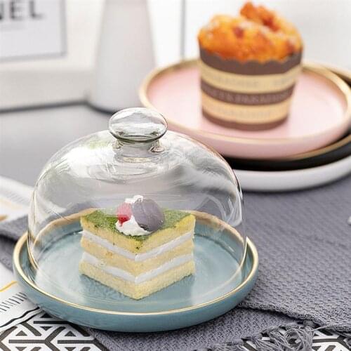 Mini Ceramic Dessert Bowl Round Cake Tray Fruit Salad Ice Cream Bowl Pudding Cup With Glass Dome Lid Kitchen Tableware