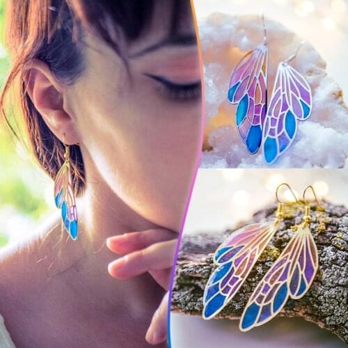 Newly Colorful Cicada Wing-liked Alloy Earrings Gradient Color Acrylic Wing Earring Pendant Ear Jewelry for Women