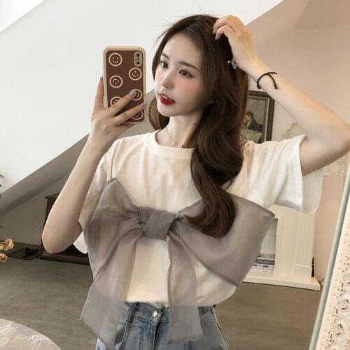Summer 2021 New Bow Fake Two-Piece Sweet and Spicy Chic Top Clothes Short Sleeve T-shirt for Women