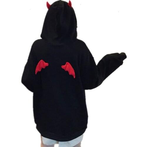 Richkeda Store New 2021 Hoodies Girl Little Devil Horns Gothic Hooded Sweatshirts Women Demon Fly Wings Loose Pullovers Pocket