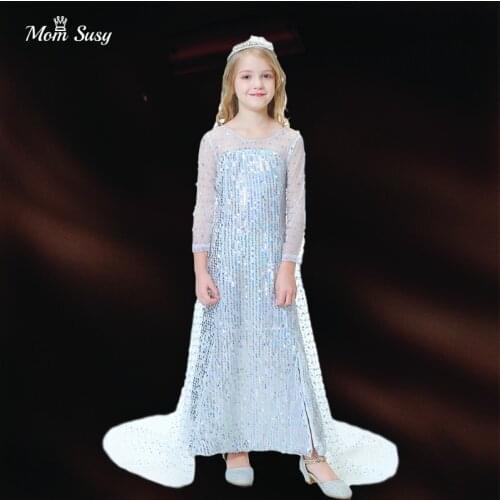 Baby Girl Anna Frozen 2 Sequins Mesh Dress Long Length White Blue Girl Vestido Vintage Party Birthday Carnival Dress Costume