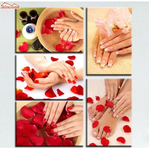 ShineHome-5pcs Art Canvas Wall Painting Prints Spa Red Flower Artwork Spa Nail Body Salon Massage Modular Panel Picture Printing