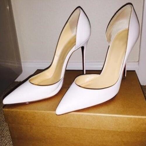 Sexy Pointed Toe Shallow Stiletto Heels Shoes White Nude Patent Leather Dress Pumps Low Cut-out Celebrity Banquest Droship