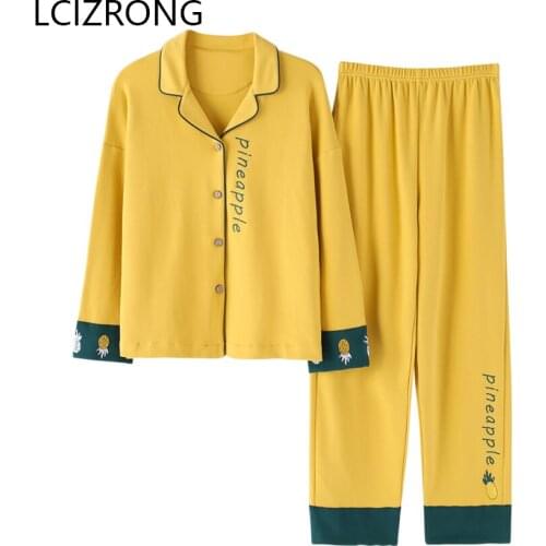 Spring Yellow Pajama Set Women Fashion Print Cotton 3XL Big Size Nightgown Long Sleeve Cardigan Long Pant Sleepwear Suits Female