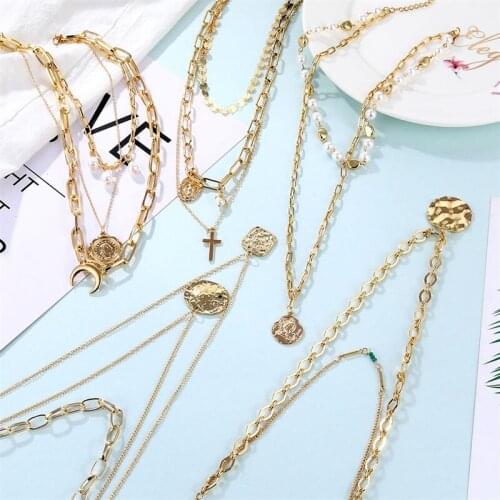 FNIO Vintage Gold Round Necklaces Portrait Coin Pearl Pendant Necklaces For Women Bohemia Multi Layered Necklace Fashion Jewelry