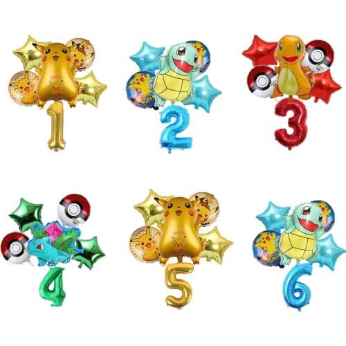 6Pcs Pokemon Party Balloons Cartoon Pikachu Jenny Turtle Charmander Aluminum Foil Balloon 1-9T Kids Birthday Party Decoration