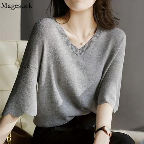 Ice Silk Petal Sleeve Womens Fashion Shirt V-neck Knitting Summer Womens Blouse Top Loose Short Sleeve Sweater Thin 14799