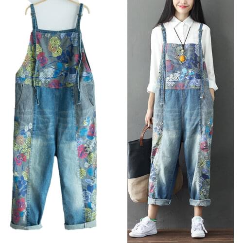 Printed Denim Jumpsuits for Women 2020 Vintage Printed Hole Ripped Rompers Jumpsuits Women Casual Overalls
