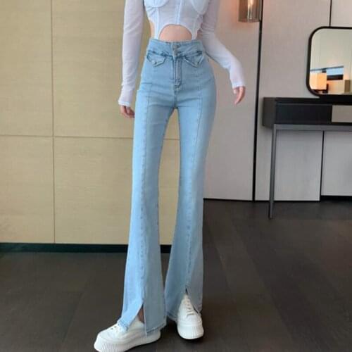Women jeans Autumn Korean version traf Pant solid color split-strap, slim high-waisted jeans temperament slim-fit Women pants