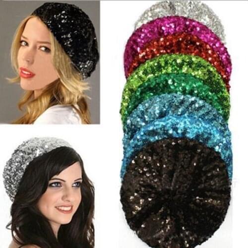 Women Lady Stretch Crochet Shining Sequin Beret Hat Party Beanie Cap Club Dance