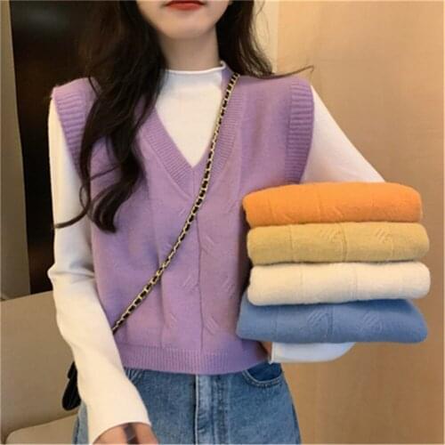 2021 New Sweater Vest Women V Neck Solid Loose Casual Korean Style Fashion Spring Autumn Sleeveless Sweaters Purple Blue ZY5817