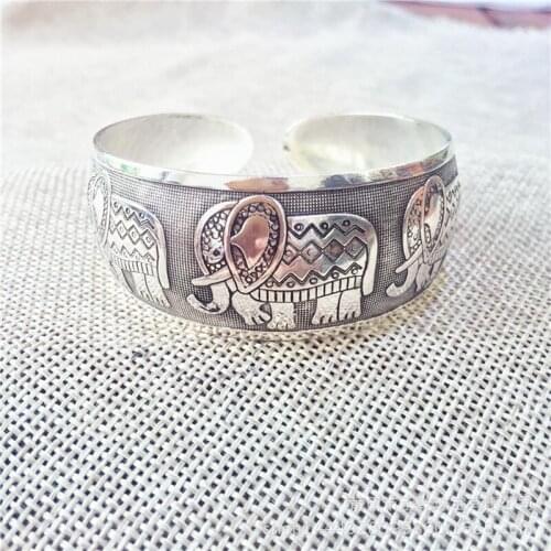 Wide Face Bangle Hot Women Vintage Miao-Silver Commoner Elephant Carved Bracelet Fashion Ethnic Tibetan-Silver Female Jewelry