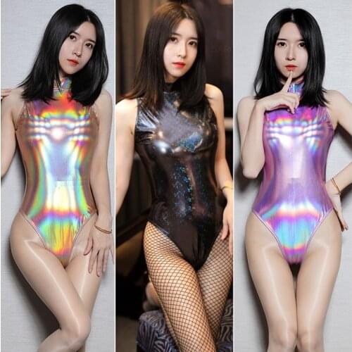 SAROOSY Sexy Bodysuit Women Shiny Metallic PU Leather Erotic Lingerie Elastic Backless Luster Laser Fabric Sexy Lingerie Summer