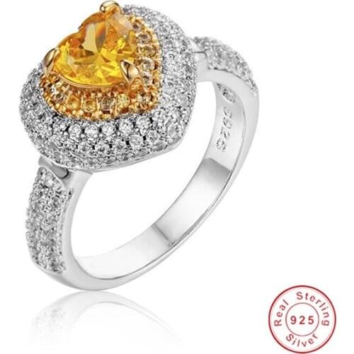 Ladys solid 925 Sterling Silver ring Classic Heart gold gemstone Rings Wedding Jewelry for Women Gift girls size ,5,6,7,8,9,10