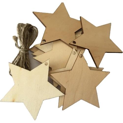 10pcs 8cm Wooden Stars Slices Blank Name Tags with Hole Unfinished Wood Cutout Labels Wine Tag for Wedding Party Christmas Decor