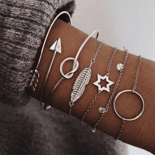 6pcs/set Rhinestone Engraved Leaf star arrow silver color Decor Cuff Bracelet Best Gift for Women Girl B002