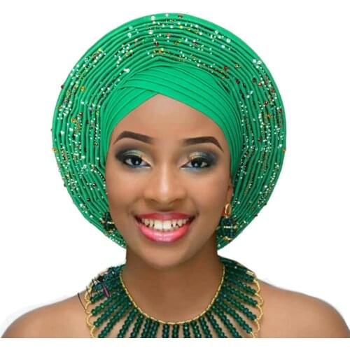 African headtie nigerian headtie with beads stones auto gele african gele women headwrap diamond turban for wedding party