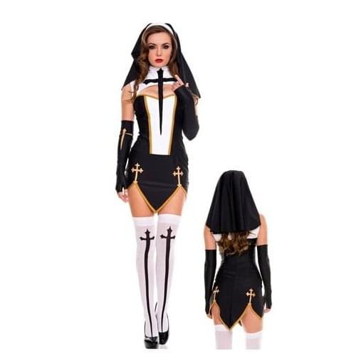 FREE SHIPPING Sexy Nun Costume Adult Women Cosplay Dress With Black Hood For Halloween Sister Cosplay Party Costume