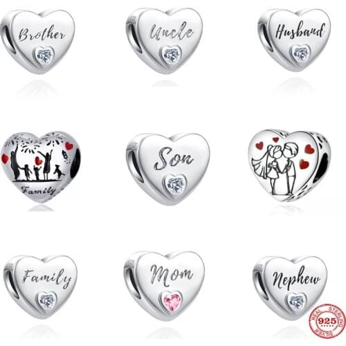 2021 Heart Shape 925 Sterling Silver Mom Son Husband Brother Uncle Beads Fit Original Pandora Charm Bracelet DIY Women Jewelry